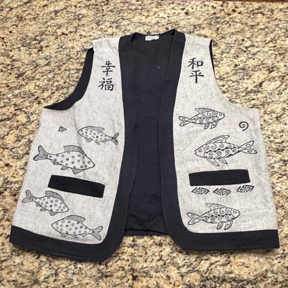 Vintage Venus Imports Fish Kanji Print Vest Grey Black Boho Made in Nepal Large